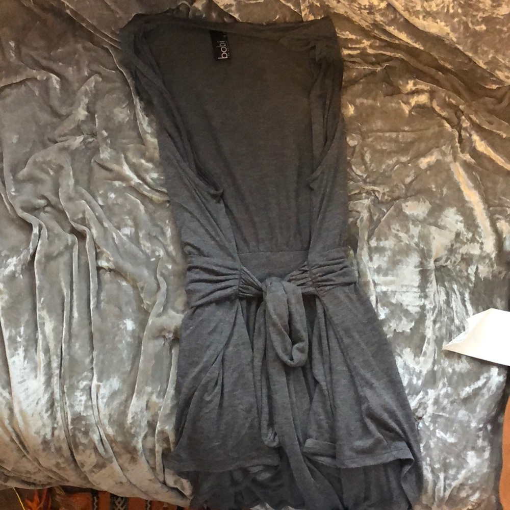 Pretty, grey sleeveless tie blouse